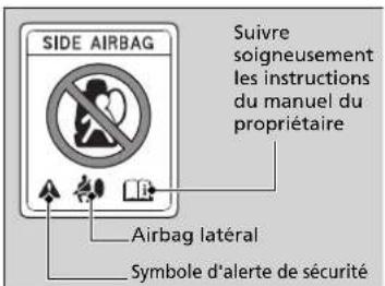 SIDE AIRBAG Suivre soigneusement les instructions du manuel du propriétaire Airbag latéral Symbole d'alerte de sécurité