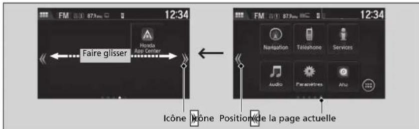 FM 12:34 Faire glisser Honda Auto Center ICÔNE Position de la page actuelle 12:34 Navigation Telephone Services Audio Paracêtres Afu