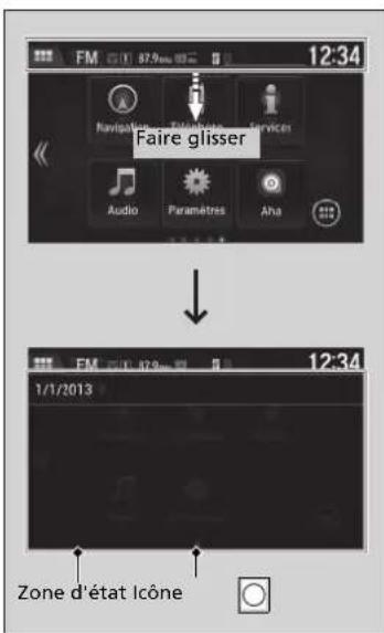 FM 12:34 Navigations Telefoniques Services Faire glisser Audio Paramètres Aha 1/1/2013 Zone d'état Icône