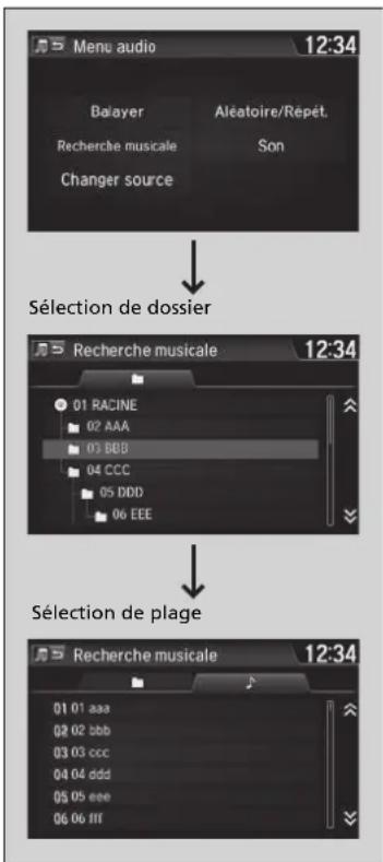 Honda HR-V (2016) - Comment sélectionner un fichier à partir de la liste de recherche de musique (MP3/WMA/AAC) - 1