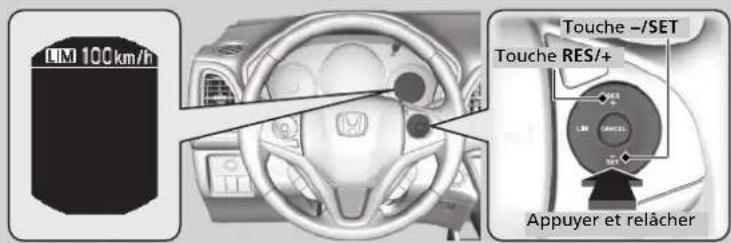 Lim 100km/h Touche-/SET Touche RES/+ LM Appuyer et relâcher