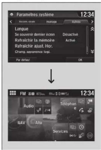Paramètres système 12:34 Langue Se souvenir dernier écran Désactive Rafraîchir la mémoire Active Rafraîchir ajust. Hor. Chang. apparence logi. Par detout! OK FM 50 87.3mm Audio Téléphone NAV Aha Services 12:34