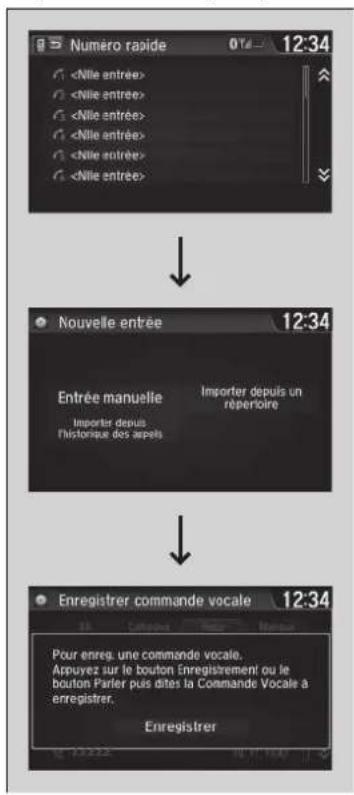 Numero rapide 014 12:34 Nouvelle entree 12:34 Entrée manuelle Importer depuis un l'historique des après Importer depuis un reperioire Enregistrer commande vocale 12:34 Pour enreg. une commande vocale. Appuyez sur le bouton Enregistrement ou le bouton Parler plus dites la Commande Vocale à enregistrer. Enregistrer