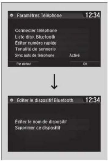 Paramètres Telephone 12:34 Connectier téléphone Liste disp. Bluetooth Éditer numéro rapide Tonalité de sonnerie Sync auto de téléphone Active Par detaur OK Éditer le dispositif Bluetooth 12:34 Éditer le nom de dispositif Supprimer ce dispositif