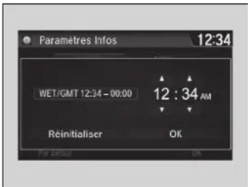 Paramètres Infos 12:34 WET/GMT 12:34 - 00:00 12 : 34 AM Reinitialiser OK For default OK