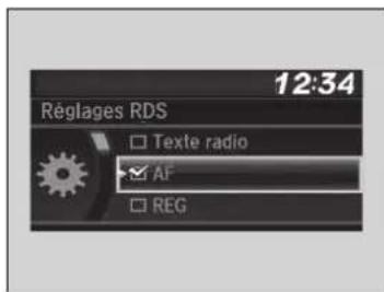 12:34 Réglages RDS □ Texte radio ✓ AF □ REG