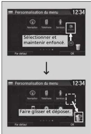 Personnalisation du menu 12:34 Translation Téléphone Services Sélectionner et maintenir enfoncé. Par défaut OK Personnalisation du menu 12:34 Translation Téléphone Services Faire glisser et déposer. Par défaut OK