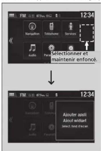 12:34 Navigation Téléphone Services Audio Parad Sélectionner et maintenir enfoncé. 12:34 Ajouter appli Ajout widget Select, find d'ecran