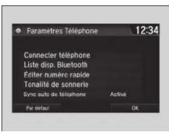 Paramètres Téléphone 12:34 Connecter téléphone Liste disp. Bluetooth Éditer numéro rapide Tonalité de sonnerie Sync auto de téléphone Active Par défaut OK