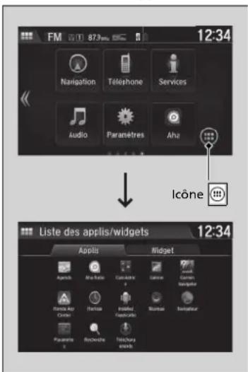 FM 873 12:34 Navigation Téléphone Services Audio Paranêtres Aha lcône Liste des applis/widgets 12:34 Applis Midget Agrods Aha Ration Catalogue Gasser Bambe Air Center Installed Topparle Montau Bimbaur Paramette Recherche Telecharge 100000000000000000000000000000000000000000000000000000000000000000000000000000