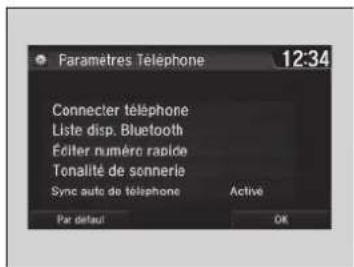 Paramètres Téléphone 12:34 Connector téléphone Liste disp. Bluetooth Éditer numéro rapide Tonalité de sonnerie Sync auto de téléphone Active Par d'default OR