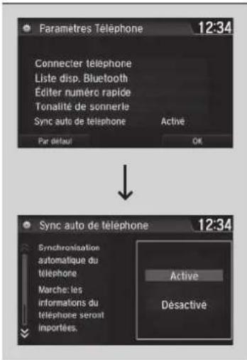 Paramètres Téléphone 12:34 Connectier téléphone Liste disp. Bluetooth Éditer numéro rapide Tonalité de sonnerle Sync auto de téléphone Active Par défaut OK Sync auto de téléphone 12:34 Enynchronisation automatique du téléphone Marche: les informations du téléphone seront importées. Active Désactive