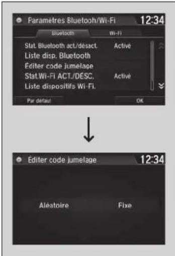 Paramètres Bluetooth/Wi-Fi 12:34 Bluetooth Wi-Fi Stat. Bluetooth act/desact. Active Liste disp. Bluetooth Editor code jumelage Stat.Wi-Fi ACT./DESC. Active Liste dispositifs Wi-Fi. Par detaui OK Editor code jumelage 12:34 Aliatoire Fixe
