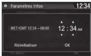 Paramètres Infos 12:34 WET/GMT 12:34 - 00:00 12 : 34 AM Reinitialiser OK For actual OK