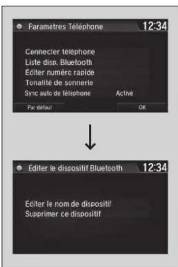 Paramètres Téléphone 12:34 Connectier téléphone Liste disp. Bluetooth Éditer numéro rapide Tonalité de sonnerie Sync auto de téléphone Active Par défaut OK Éditer le dispositif Bluetooth 12:34 Éditer le nom de dispositif Supprimer ce dispositif