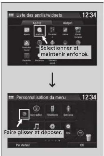 Liste des applis/widgets 12:34 Appils Midget selectionner et maintenir enfoncé. Personnel Personalisation du menu 12:34 Faire glisser et déposer. Par défaut OK
