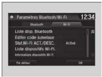 Paramètres Bluetooth/Wi-Fi 12:34 Bluetooth Wi-Fi Liste disp. Bluetooth Éditer code jumelage Stat.Wi-Fi ACT./DESC. Liste dispositifs Wi-Fi. Informations dispositifs Wi-Fi Par défaut OK