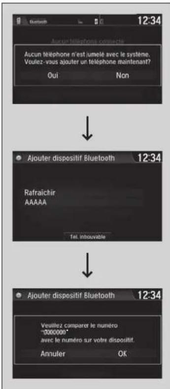 Aucun téléphone connecte Aucun téléphone n'est jumeié avec le système. Veulez-vous ajouter un téléphone maintenant? Oui Non Ajouter dispositif Bluetooth 12:34 Rafraichir AAAAA Tel. inhouvable Ajouter dispositif Bluetooth 12:34 Veulez comparer le numéro "000000" avec le numéro sur votre dispositif. Annuler OK
