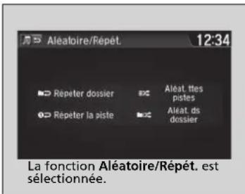 Aléatoire/Répét. 12:34 Répeter dossier Aléat ttes pistes Répeter la piste Aléat ds dossier La fonction Aléatoire/Répét. est sélectionnée.