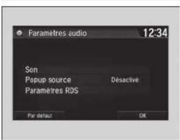 Paramètres audio 12:34 Son Popup source Desactivé Paramètres RDS Par detaut OK