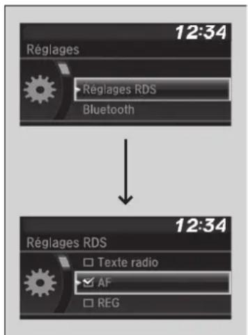 12:34 Réglages Réglages RDS Bluetooth 12:34 Réglages RDS □ Texte radio ☑ AF □ REG