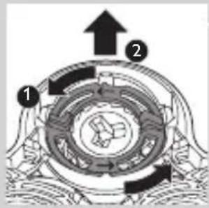 Technical diagram of a mechanical or electrical component with numbered parts and directional arrows indicating flow or movement.