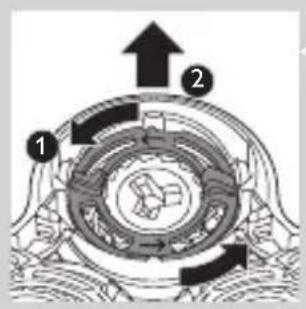 Technical diagram of a mechanical or electrical component with numbered parts and directional arrows indicating flow or movement.