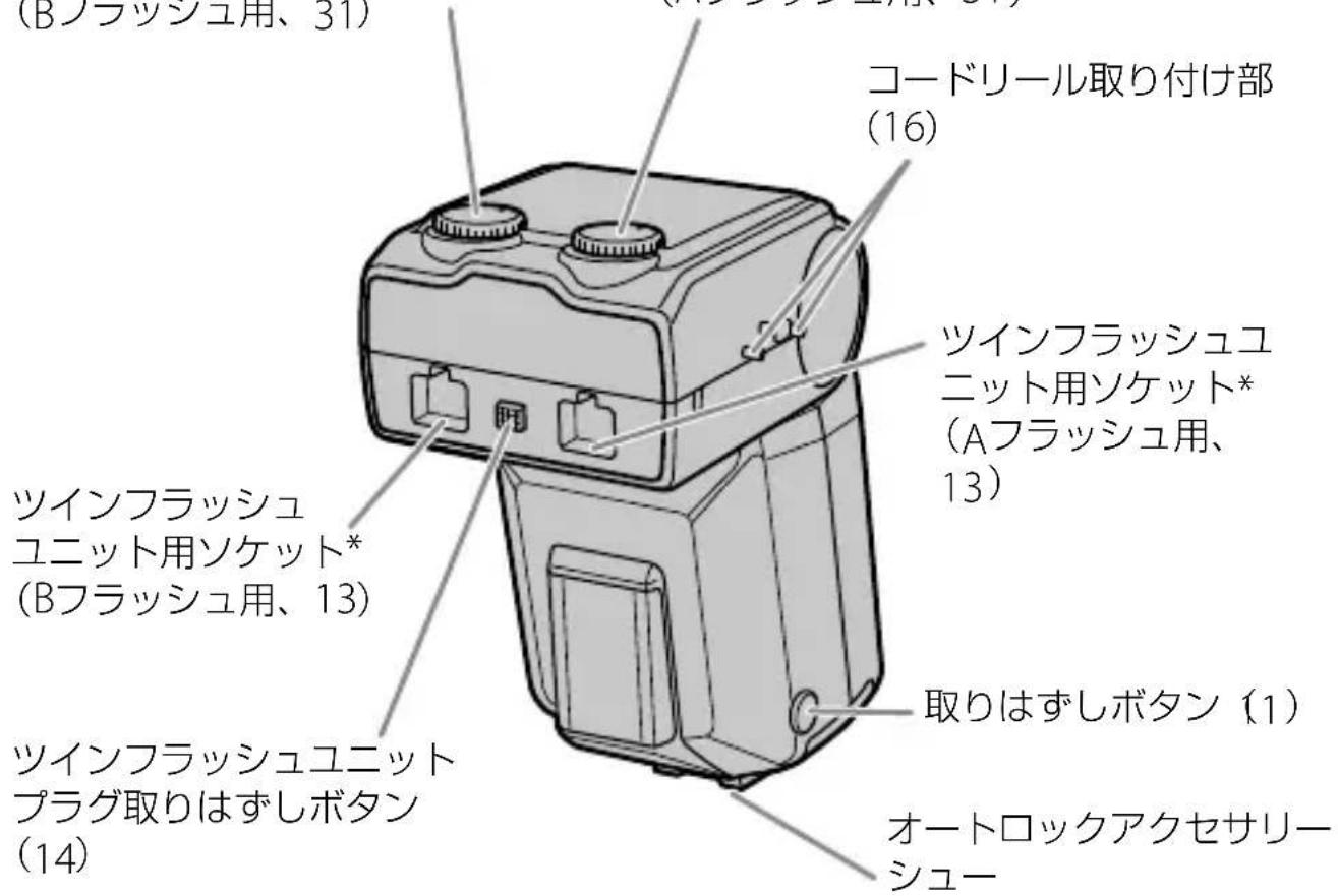 (Bフラッシュ用、31) コードリール取り付け部 (16) ツインフラッシュユニット用ソケット* (Aフラッシュ用、13) ツインフラッシュユニット用ソケット* (Bフラッシュ用、13) ツインフラッシュユニットプラグ取りはずしボタン (14) 取りはずしボタン (1) オートロックアクセサリーシュー