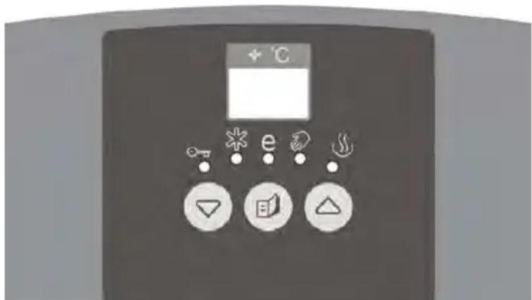 Control panel interface with display, icons, and function buttons including 'e', 's', 'w', and directional symbols