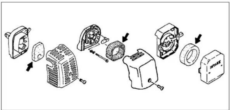 Exploded view diagram of automotive engine components with labeled parts and directional arrows indicating assembly or repair.