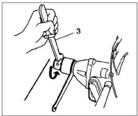 Technical diagram showing a hand using a wrench to adjust a mechanical component, labeled with number 3