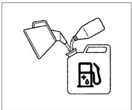 Line drawing of a fuel can pouring liquid into a container with an icon of fuel (no text or symbols)