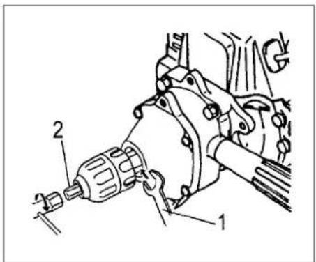 Technical diagram of a mechanical assembly with labeled parts 1 and 2
