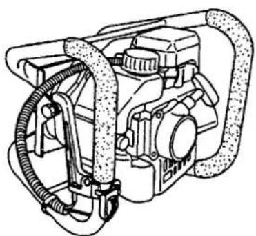 Technical line drawing of a mechanical pump assembly with hoses and housing (no text or labels)