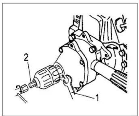 Technical diagram of a mechanical assembly with labeled parts 1 and 2