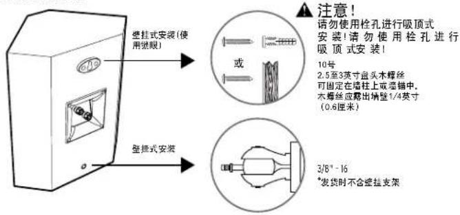 注意！ 请勿使用栓孔进行吸顶式 安装！请勿使用栓孔进行 吸顶式安装！ 10号 2.5至3英寸直头木螺丝 可固定在墙柱上或宽幅中。 木螺丝应露出墙壁1/4英寸 (0.6厘米) 3/8" - 16 *发货时不含垫挂支架