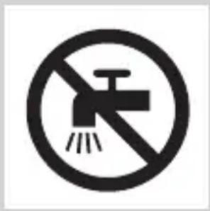 Prohibition sign with a faucet symbol and radiating lines, indicating no fire or water discharge.