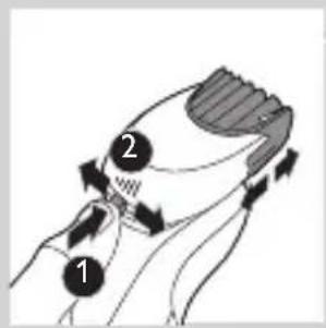 Diagram showing a hand holding a device with labeled parts 1 and 2, indicating a mechanical or electrical component.