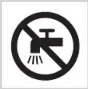 Prohibition sign with a faucet symbol and diagonal line, indicating no fire or water discharge.