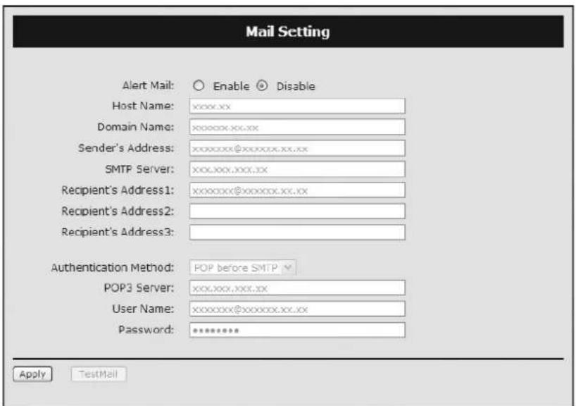 Mail Setting Alert Mail: ○ Enable ○ Disable Host Name: xxxxx.xx Domain Name: xxxxxxx.xx.xx Sender's Address: xxxxxxx@xxxxxx.xx.xx SMTP Server: xxx.xxx.xxx.xx Recipient's Address1: xxxxxxx@xxxxxx.xx.xx Recipient's Address2: Recipient's Address3: Authentication Method: POP before SMTP POP3 Server: xxx.xxx.xxx.xx User Name: xxxxxxx@xxxxxx.xx.xx Password: ******** Apply TestMail