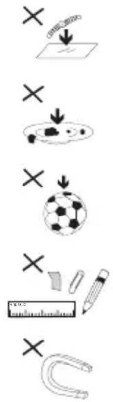 Diagram illustrating experimental steps with crosses and symbols for object detection, ball-and-stick model, ruler, and U-shaped magnet.
