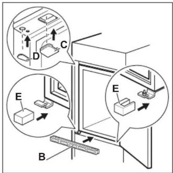 Diagram illustrating the installation of a refrigerator with labeled components and directional arrows indicating movement or assembly.