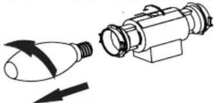 Diagram showing a light bulb emitting smoke from a device, with arrows indicating airflow direction (no text or symbols)