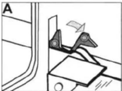 Mechanical assembly diagram showing a lever mechanism interacting with a flatbed component (no text or symbols visible)