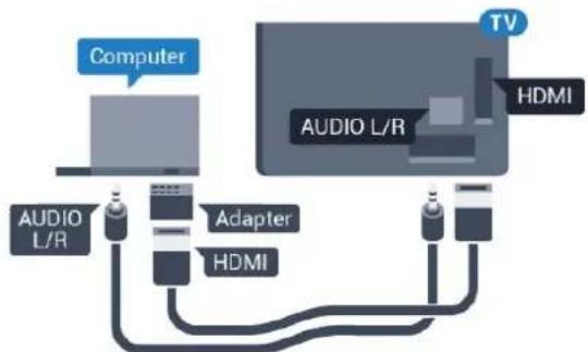 graph TD A["Computer"] --> B["TV"] B --> C["AUDIO L/R"] C --> D["Adapter"] D --> E["HDMI"] E --> F["ADAPTER"] F --> G["HDMI"] G --> H["ADAPTER"] H --> I["HDMI"]