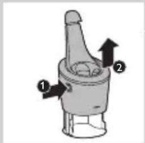Diagram of a mechanical component with numbered parts and directional arrows indicating flow or movement.