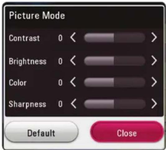 Picture Mode Contrast 0 < Brightness 0 < Color 0 < Sharpness 0 < Default Close