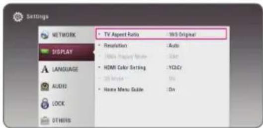 Settings NETWORK DISPLAY LANGUAGE AUDIO LOCK OTHERS • TV Aspect Ratio : WIS Original • Resolution : Auto • HDMI Display Mode : Ctrl • HDMI Color Setting : YDSCy • 30 Media : 0x • Home Menu Guide : 0x