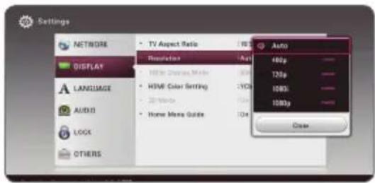 Settings NETWORK DISPLAY LANGUAGE AUDIO LOGS OTHERS • TV Aspect Ratio Resolution • HSB/Chassis Mode • HDMI Color Setting • 32.5MHz • Home Maps Guide Auto 480p 120p 100% 1000p Close
