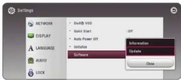 Settings NETWORK DISPLAY LANGUAGE AUDIO LOCK • DAXO VSD • Quick Start • Auto Power Off • Initiate Software • Information Update Close
